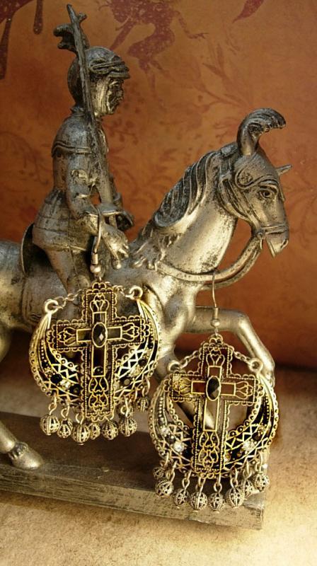 Renaissance revival Gothic chandelier earrings Jeweled filigree crosses and drops