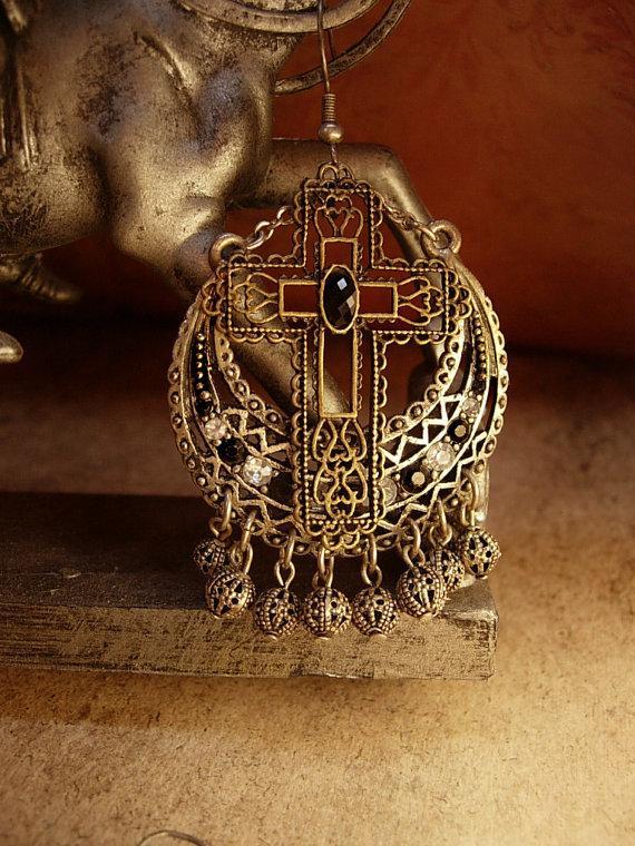 Renaissance revival Gothic chandelier earrings Jeweled filigree crosses and drops