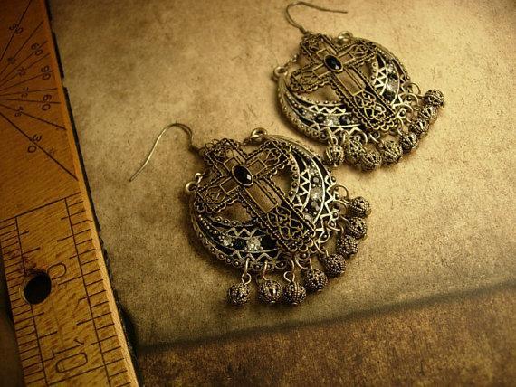 Renaissance revival Gothic chandelier earrings Jeweled filigree crosses and drops
