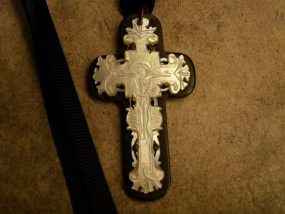 ANtique BLack Rosary crucifix Mother of pearl and gothic black ribbon