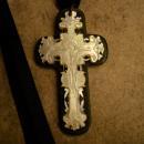 ANtique BLack Rosary crucifix Mother of pearl and gothic black ribbon