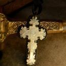ANtique BLack Rosary crucifix Mother of pearl and gothic black ribbon