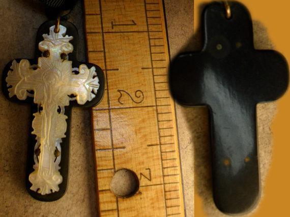 ANtique BLack Rosary crucifix Mother of pearl and gothic black ribbon