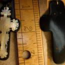 ANtique BLack Rosary crucifix Mother of pearl and gothic black ribbon
