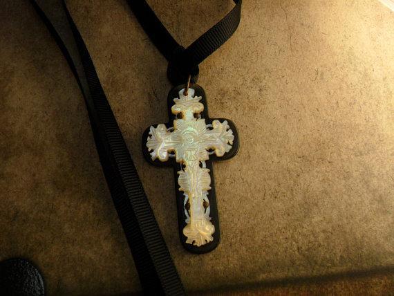 ANtique BLack Rosary crucifix Mother of pearl and gothic black ribbon