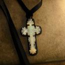 ANtique BLack Rosary crucifix Mother of pearl and gothic black ribbon