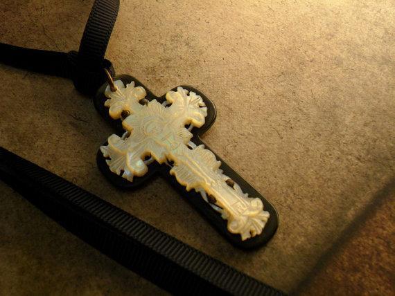 ANtique BLack Rosary crucifix Mother of pearl and gothic black ribbon