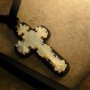 ANtique BLack Rosary crucifix Mother of pearl and gothic black ribbon