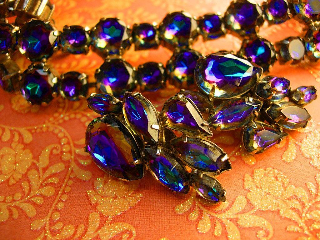 Vintage Watermelon rhinestone demi parure statement bracelet and earrings Peacock colors
