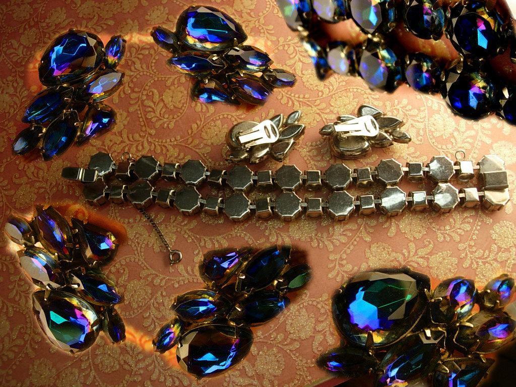 Vintage Watermelon rhinestone demi parure statement bracelet and earrings Peacock colors