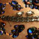 Vintage Watermelon rhinestone demi parure statement bracelet and earrings Peacock colors
