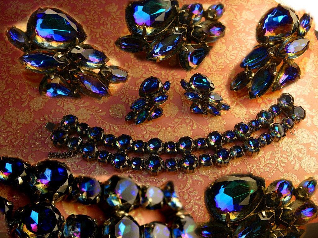 Vintage Watermelon rhinestone demi parure statement bracelet and earrings Peacock colors