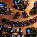 Vintage Watermelon rhinestone demi parure statement bracelet and earrings Peacock colors