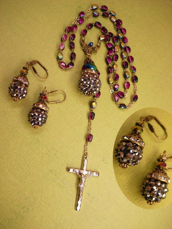 Gothic Rosary necklace & earrings Marcasite balls and rhinestone rondelles