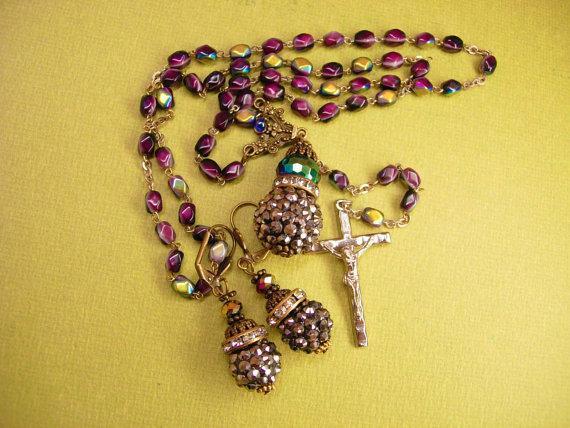 Gothic Rosary necklace & earrings Marcasite balls and rhinestone rondelles