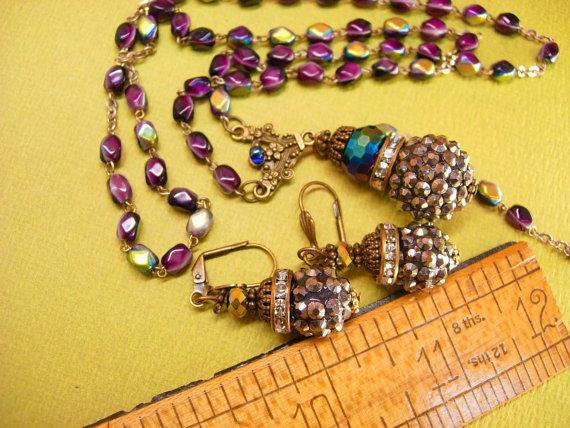 Gothic Rosary necklace & earrings Marcasite balls and rhinestone rondelles