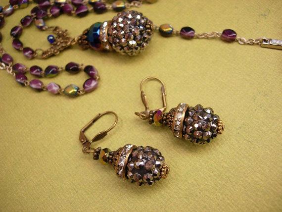 Gothic Rosary necklace & earrings Marcasite balls and rhinestone rondelles
