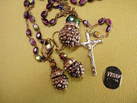 Gothic Rosary necklace & earrings Marcasite balls and rhinestone rondelles