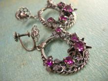Vintage Signed PURPLE rhinestones Gypsy earrings Chandelier Drops west Germany