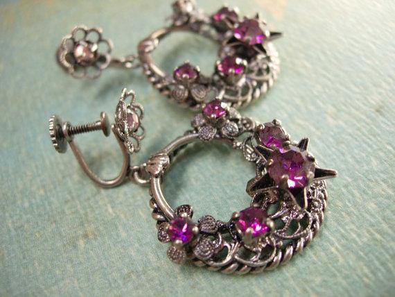Vintage Signed PURPLE rhinestones Gypsy earrings Chandelier Drops west Germany