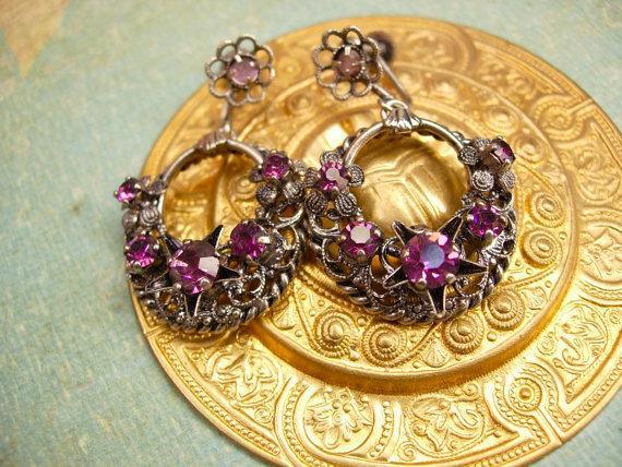 Vintage Signed PURPLE rhinestones Gypsy earrings Chandelier Drops west Germany