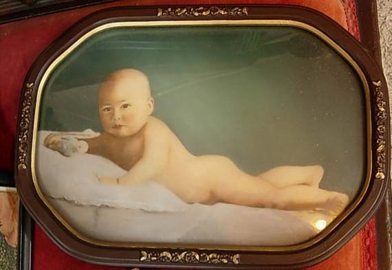 Antique convex glass Victorian baby portrait framed and hand colored