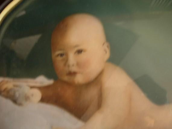 Antique convex glass Victorian baby portrait framed and hand colored