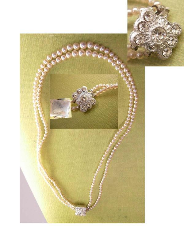 Vintage 2 strand Pearl necklace Rhinestones clasp Japan never worn ivory graduated Wedding
