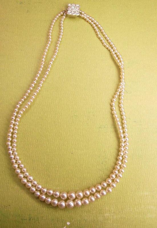 Vintage 2 strand Pearl necklace Rhinestones clasp Japan never worn ivory graduated Wedding