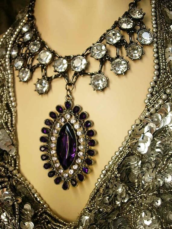 HUGE Edwardian collar necklace dramatic Gothic PURPLE rhinestone drop with festoon paste stones