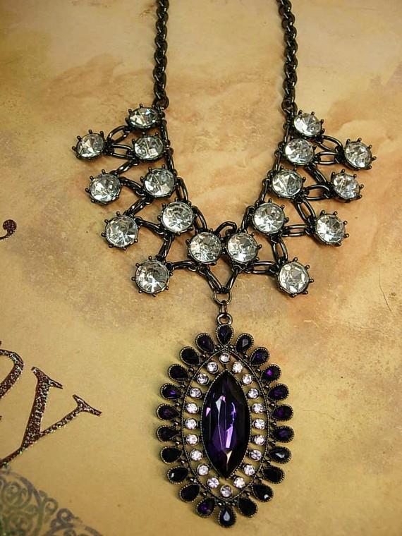 HUGE Edwardian collar necklace dramatic Gothic PURPLE rhinestone drop with festoon paste stones