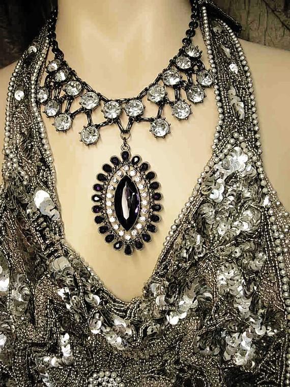 HUGE Edwardian collar necklace dramatic Gothic PURPLE rhinestone drop with festoon paste stones