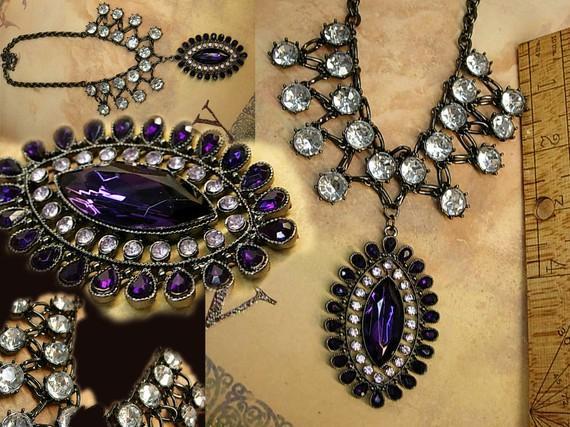 HUGE Edwardian collar necklace dramatic Gothic PURPLE rhinestone drop with festoon paste stones