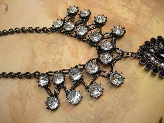HUGE Edwardian collar necklace dramatic Gothic PURPLE rhinestone drop with festoon paste stones