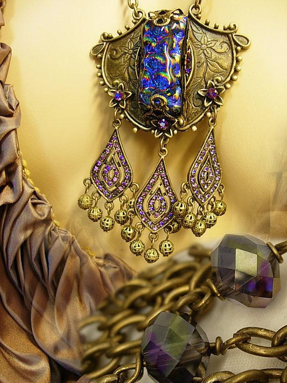 Gypsy Black opal glass necklace with amethyst chandelier drops OOAK Gothic