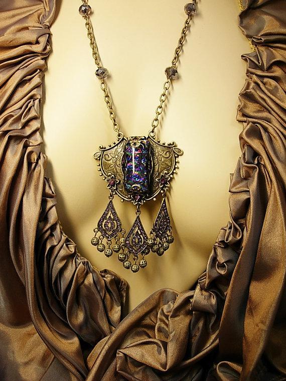 Gypsy Black opal glass necklace with amethyst chandelier drops OOAK Gothic