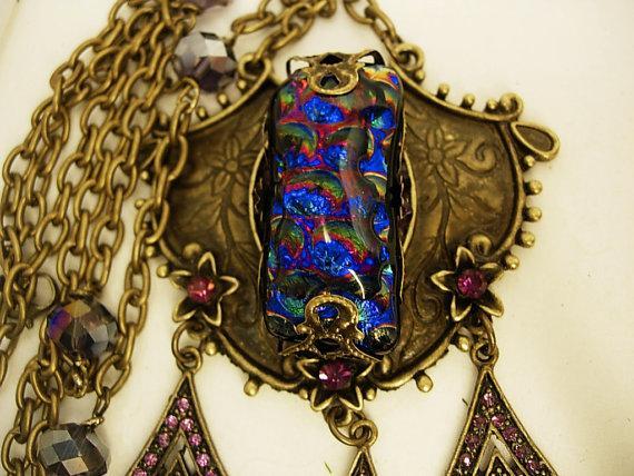 Gypsy Black opal glass necklace with amethyst chandelier drops OOAK Gothic