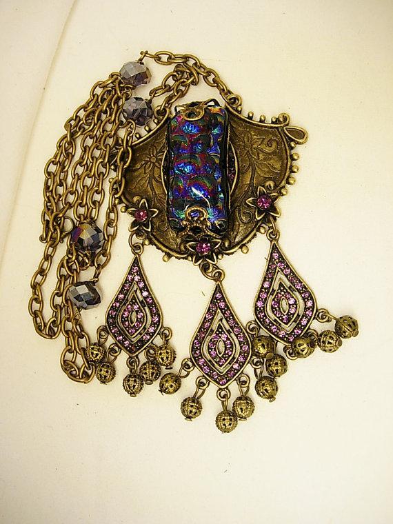 Gypsy Black opal glass necklace with amethyst chandelier drops OOAK Gothic