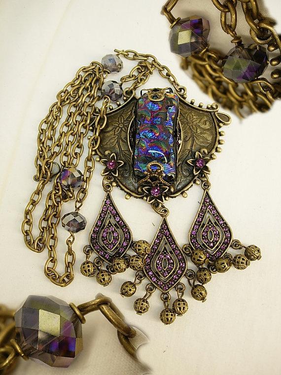 Gypsy Black opal glass necklace with amethyst chandelier drops OOAK Gothic