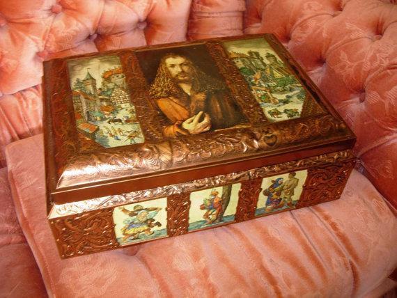 Vintage HUGE Gothic Castle hinged metal box TIn Litho Medieval Castle
