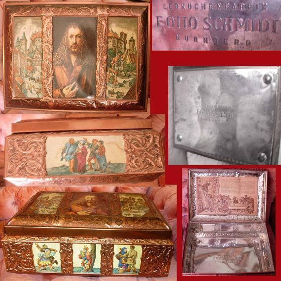 Vintage HUGE Gothic Castle hinged metal box TIn Litho Medieval Castle