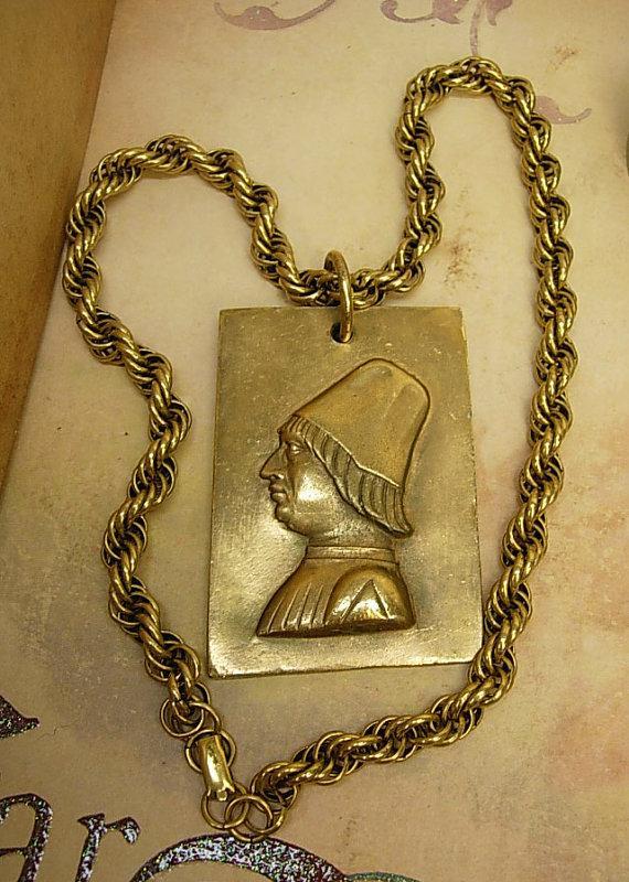 Huge Renaissance Man Necklace signed with thick baroque chain