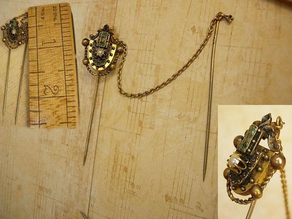Antique emerald Pearl swag Stickpin set snake head