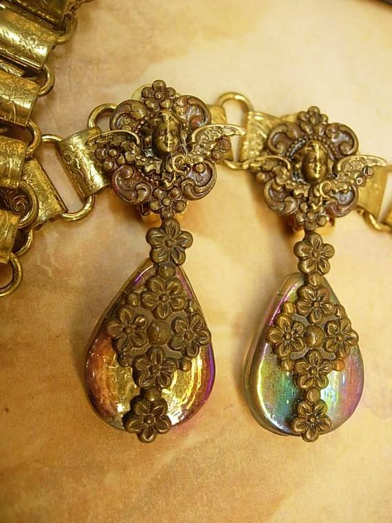 Vintage VIctorian Cherub Earrings with aurora borealis sea glass chandelier drops