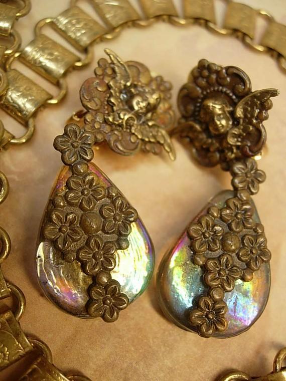 Vintage VIctorian Cherub Earrings with aurora borealis sea glass chandelier drops