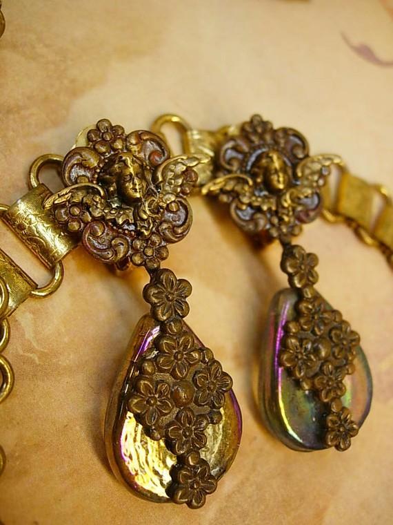 Vintage VIctorian Cherub Earrings with aurora borealis sea glass chandelier drops