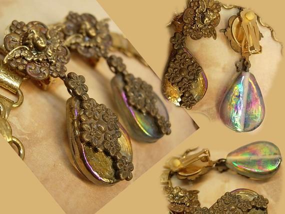 Vintage VIctorian Cherub Earrings with aurora borealis sea glass chandelier drops