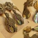 Vintage VIctorian Cherub Earrings with aurora borealis sea glass chandelier drops