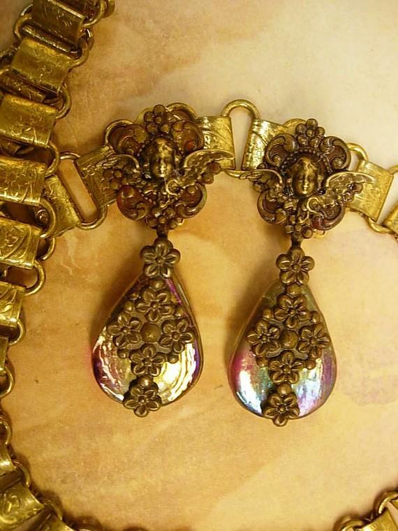 Vintage VIctorian Cherub Earrings with aurora borealis sea glass chandelier drops