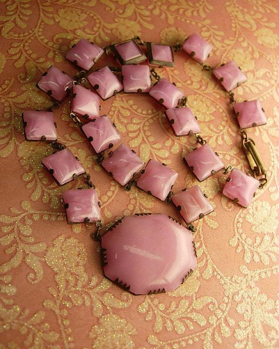 Antique Pink Slag glass deco necklace with open backs